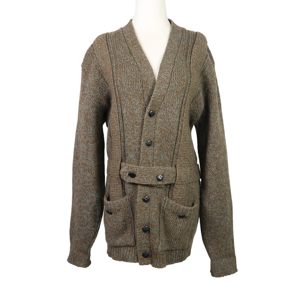 Vintage 70s olive green and blue marled wool knit cardigan sweater M